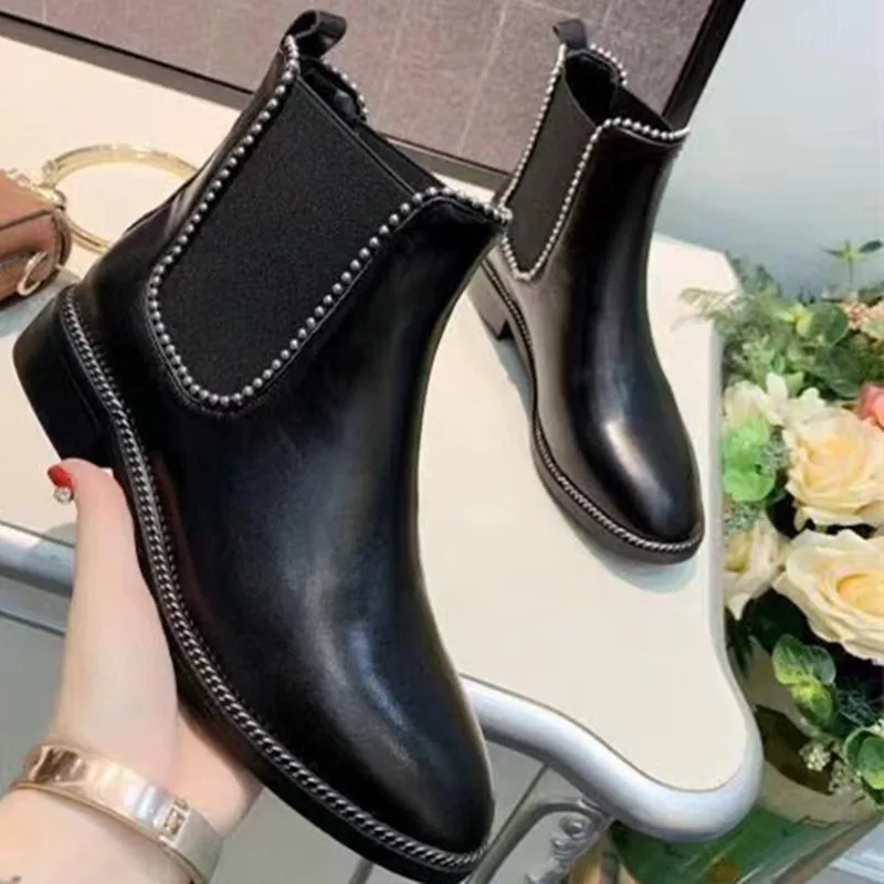 

Fast delivery 2019 crystal decoration round toe women boots geunine leather slip on comfortable short boots size 34-41