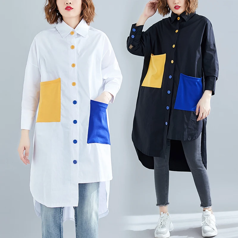 Womens Blouses Big Size Colored Pockets Blouse Long Sleeve Casual Tops Blouse Dames Blouses Lange Mouwen Blusas Ladies Tops