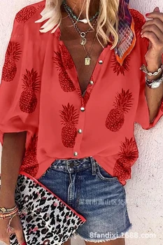 

2019 autumn new hot women's clothing loose thin pineapple print single-breasted long-sleeved shirt women