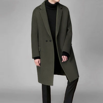 Winter pure color loose in the long woolen coat men's Korean version thickened windbreaker trend coat - Цвет: Армейский зеленый