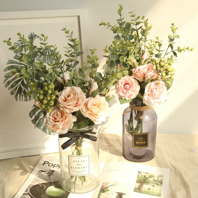 46 см 1 букет розы эвкалипта искусственный цветок производитель украшение дома свадебный цветок настенный искусственный цветок