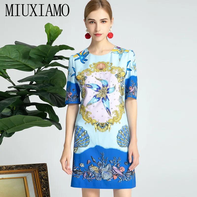 

MIUXIMAO 2021 Spring Summer O-Neck Starfish Shells Print Diamonds Short Sleeve Blue Elegant Casual Midi Dress Women Vestidos