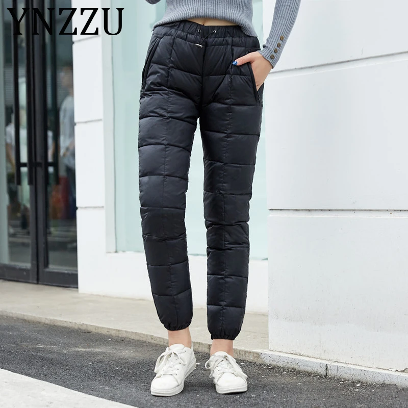 YNZZU новые зимние брюки на утином пуху женские с высокой талией на шнуровке повседневные Черные Теплые женские штаны уличные брюки больших размеров женские AB244