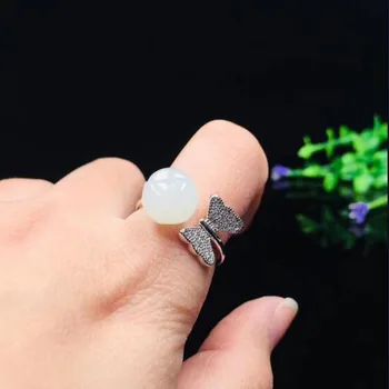 

Original Design Natural Hetian White Jade Ring With Butterfly Opening 925 Silver Rings For Women Fine Jewelry