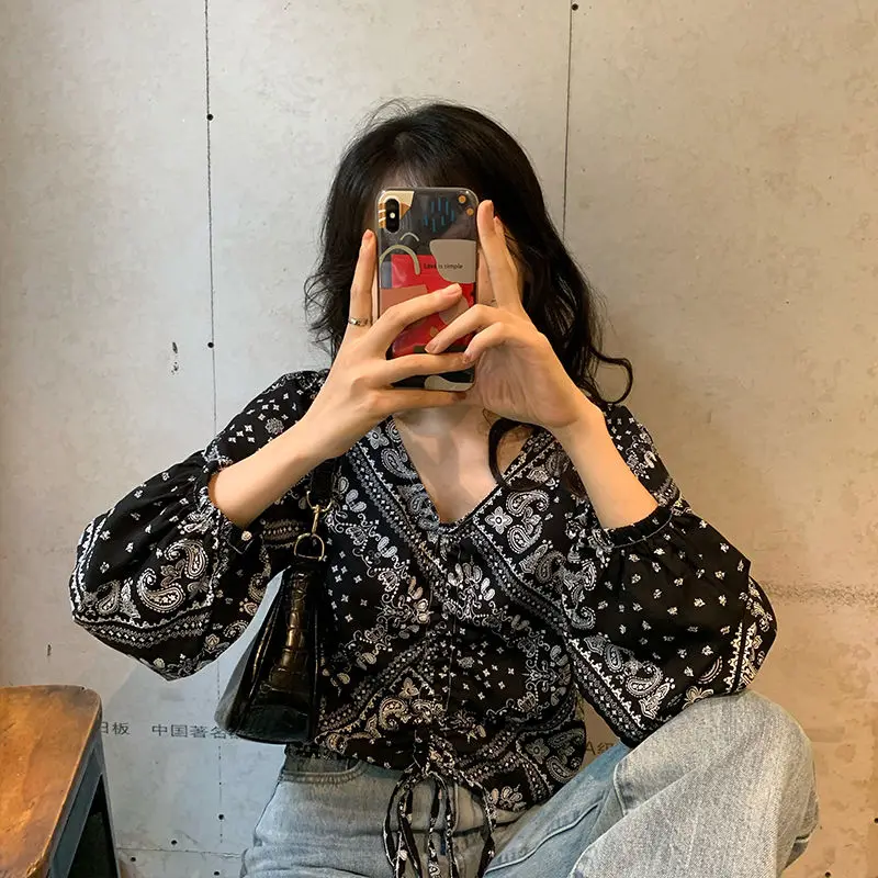 

Drawstring Shirt Women's Long-Sleeved Shirt 2024 Retro Short Top Blusas Ropa De Mujer