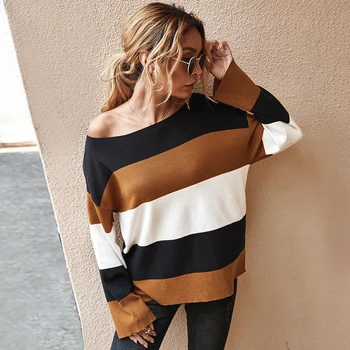 

Contrast Color Stripe Sweater 2020 Autumn Winter Pullover Women Sweaters Knitted Loose Jumper Female Fashion Casual Tops Sweater