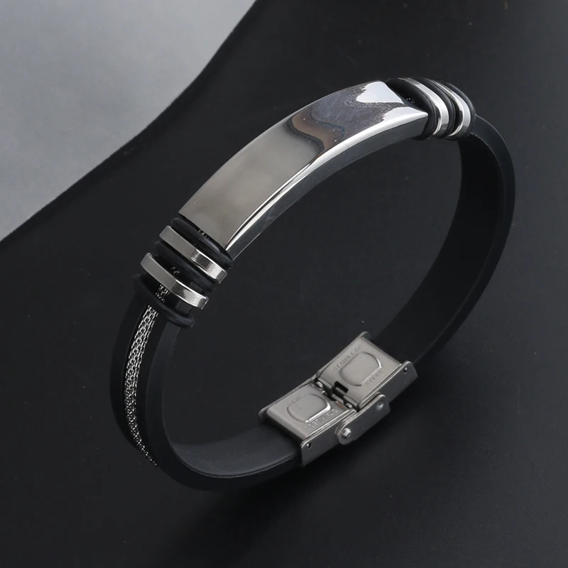 Bracelet Jewelry Trend Smooth Glossy Stainless Steel Metal Men's Bracelet Classical Black Silicone Grooved Braided Chain Bracelet