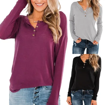 

2019 Autumn Women's New Batwing Long Sleeve Half Open V Collar Button T-shirt Top Lady Vintage Casual Tshirts