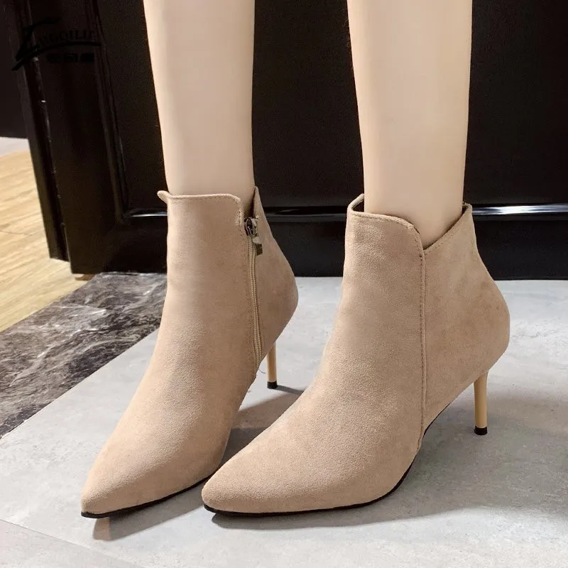 women high heel boots female women shoes pointed toe stiletto boots women beige black zipper fashion autumn winter boots women