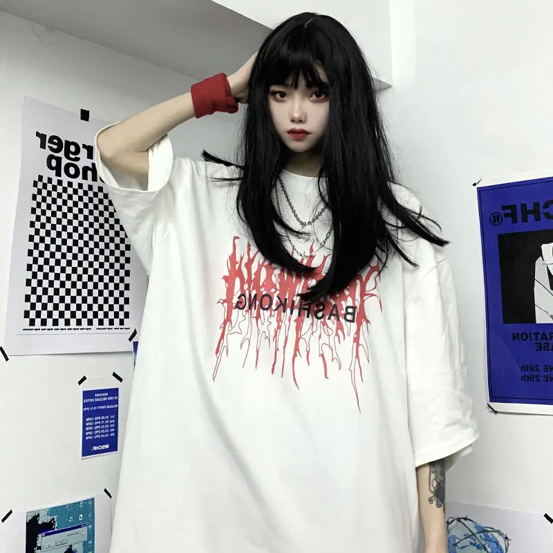 Harajuku Sleeve T Shirt Letter Print Vintage T-shirt Streetwear Oversize tops clothes Summer Short Punk Gothic HipHop Tshirt