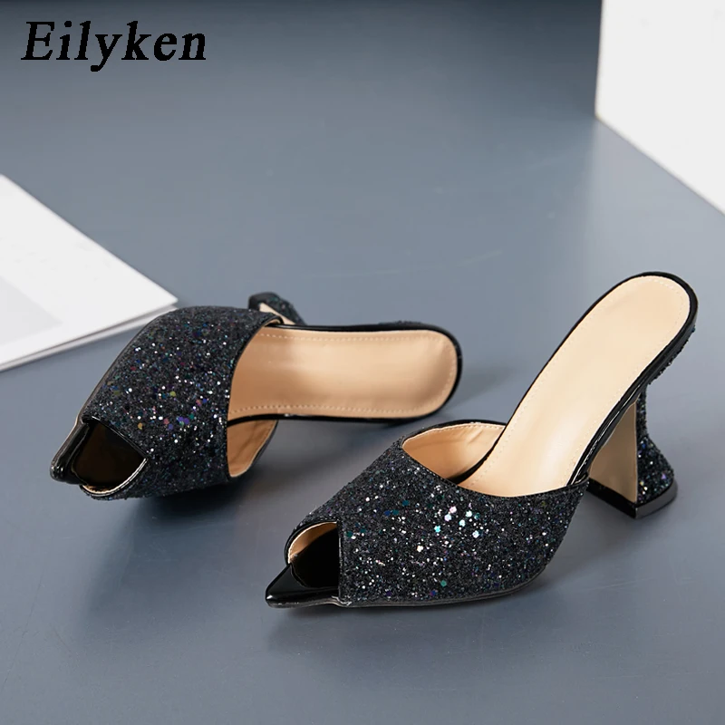 EilyKen/Новинка года; сезон лето; расшитые блестками тканевые тапочки; пикантные женские туфли без задника с острым носком; Модные Босоножки на каблуке с украшениями