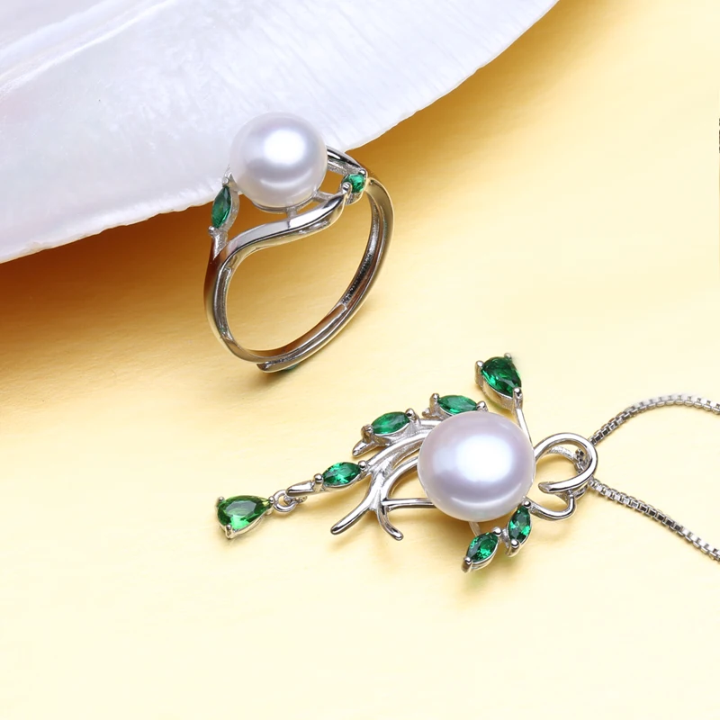 FENASY 925 Sterling Silver Emerald Jewelry Sets Natural Pearl Drop Earrings Bohemian Pendant Necklace Women Green Stones Ring