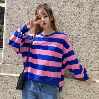 

Loose Women Sweater Autumn Spring Stripes Print Slim Long Sleeved Round Collar Slim Casual Sweater Pull Femme