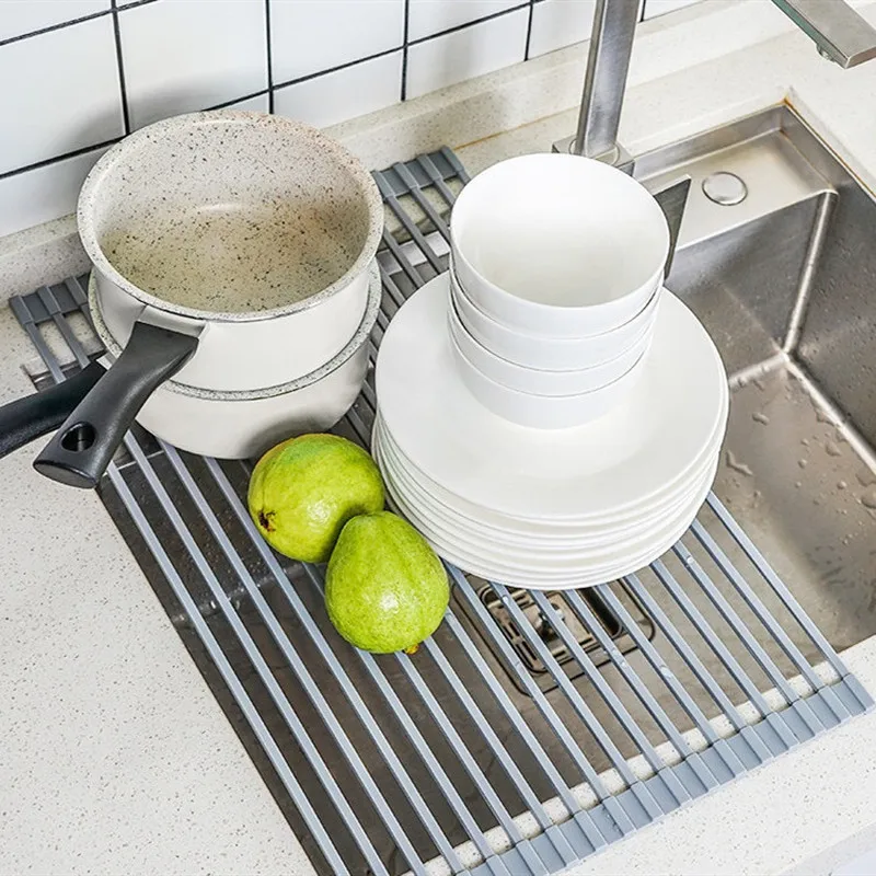 Kitchen Shelf Organizer Dish Drying Rack Over Sink Sponge Stand Silicone Folding Kitchen Dish Drainer Rack Kitchen Organizer