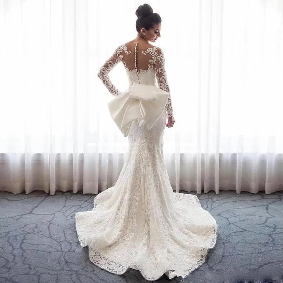 2 Pieces Luxury Wedding Dresses Detachable Train 2022 Elegant Long Sleeve Mermaid White Bride Dress Boho robe de mariee sukienki