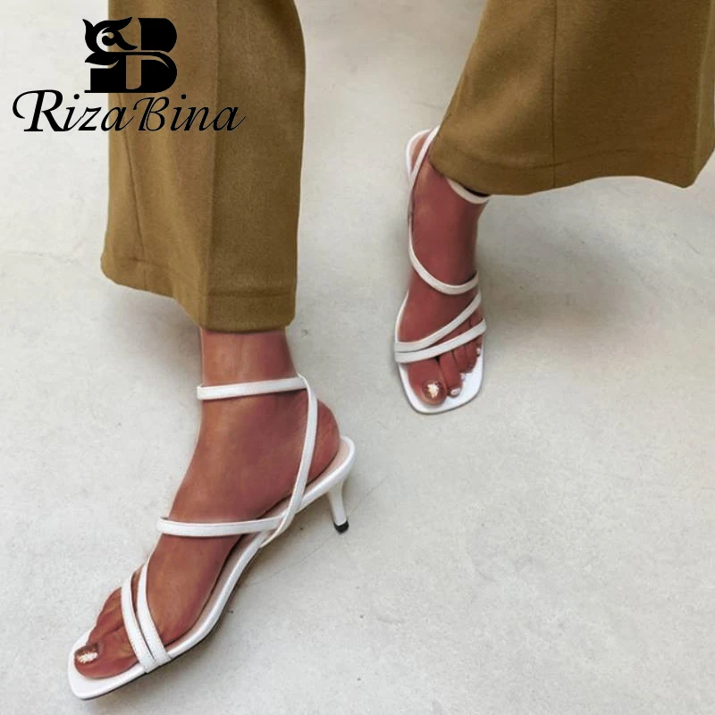 RizaBina Women Elegant Open Toe Sandals Low Heel T-Strap Summer Shoes with Buckle