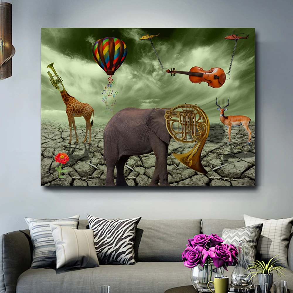 サルバドール ダリ象鹿トランペット絵画キャンバスプリントウォールアートプリントのポスターリビングルーム動物cuadros家の装飾 Painting Calligraphy Aliexpress