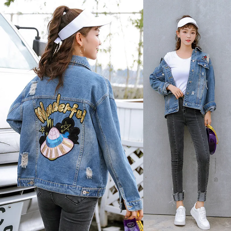 

2019 Autumn Clothing New Style Large Size Dress Fat Mm by Age Versatile Cool Flower Stickers Jeans Coat Fashion Sequin Jacket