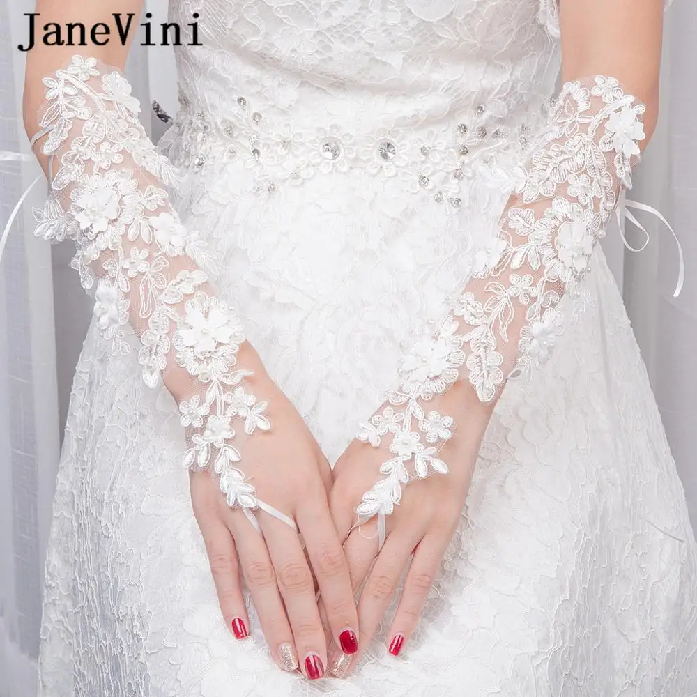 

JaneVini Romantic Elbow Length White Wedding Gloves Fingerless Appliques Pearls Lace Long Bridal Gloves Wedding Accessories 2019