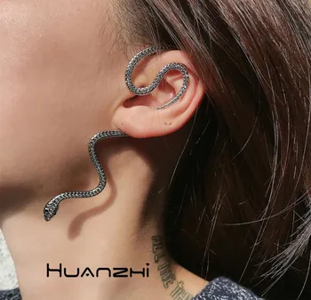 

UANZHI New Fashion Punk Snake Shape Earrings Silver Plated Black Rhinestone Metal Stud Cuff Earrings For Women Girls Jewelry