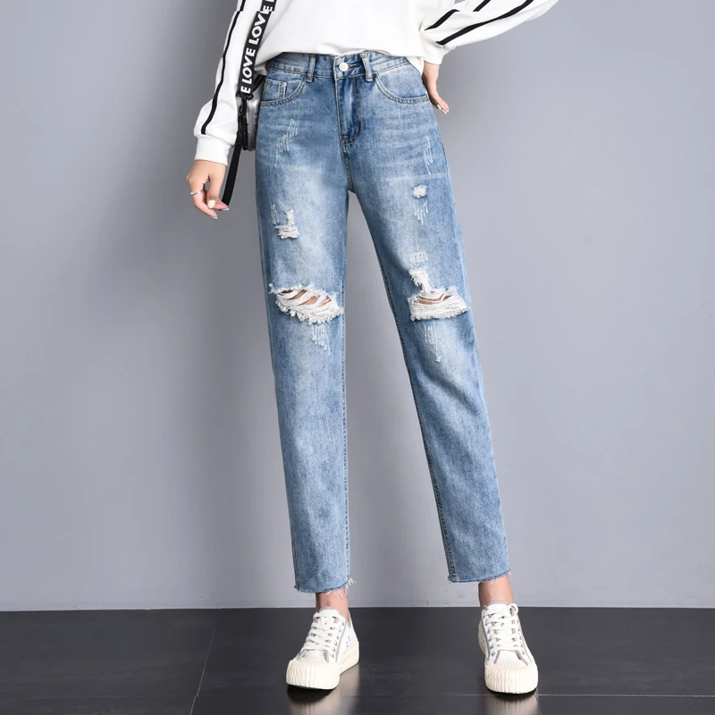 Рваные джинсы для Для женщин свободные штаны-шаровары модные «дырявые джинсы-бойфренды женские Повседневное ботильоны Длина стирок джинсовые брюки