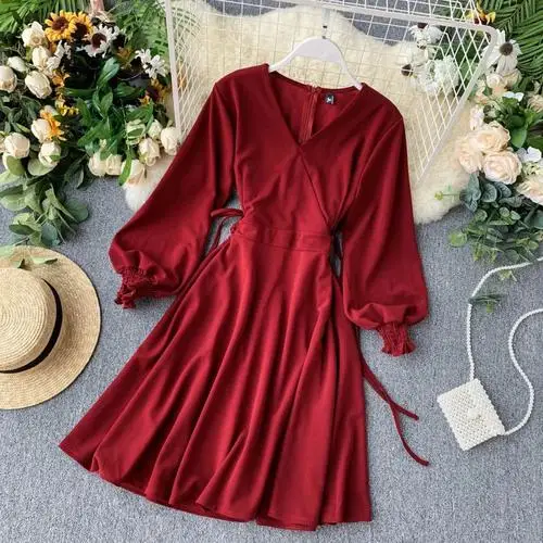 red Neploe/женское осеннее элегантное Пышное Платье с длинным рукавом, ropa mujer, v-образный вырез, высокая талия, тонкие вечерние платья трапециевидной формы, Vestido, зима 46380 - Цвет: red