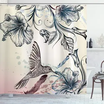 

Hummingbird Shower Curtain Floral Art in Vintage Style with Hummingbird Hibiscus Flowers and Feathers Bathroom