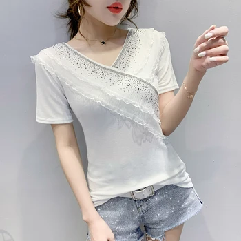 

2020 summer new sexy hot rhinestone ruffled shirt top fashion sexy v-neck T-shirt short sleeve Diamond t shirt