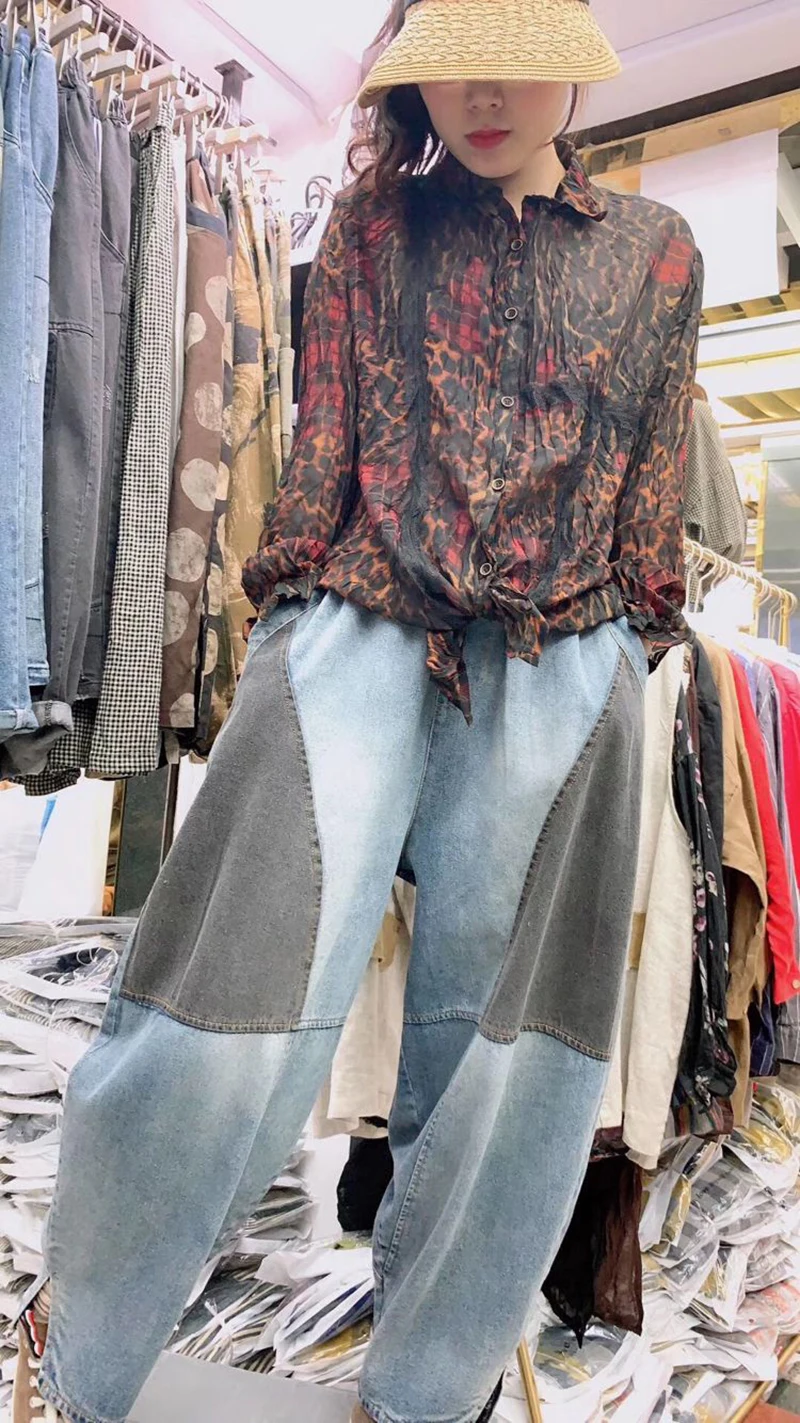 CHICEVER Весна мозаичное яркое цветное Для женщин джинсовые штаны эластичные с высокой талией с карманами свободные плюс Размеры женские