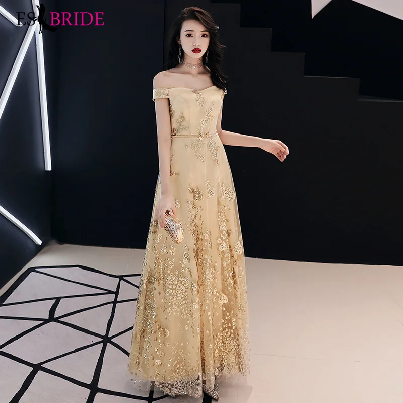 

Sparkle Gold Evening Dresses Long ES2982-1 A-Line Boat-Neck Off The Shoulder Tulle Formal Evening Gowns Robe De Soiree 2019