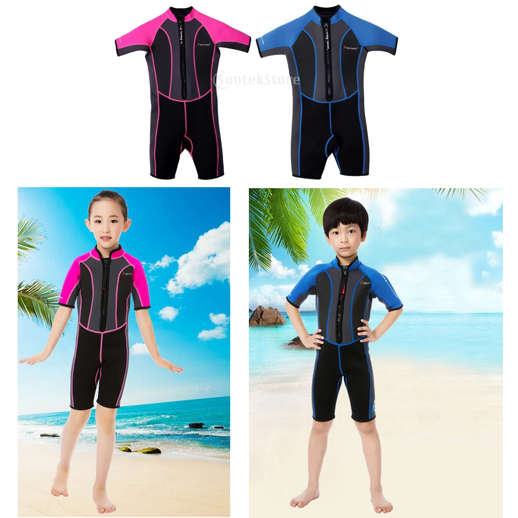 Kids Swimsuit Boys Girls Short Sleeve Wetsuit Thermal  Swimsuit Sun Protection for 2-13 Years Old Children Pink/Blue 