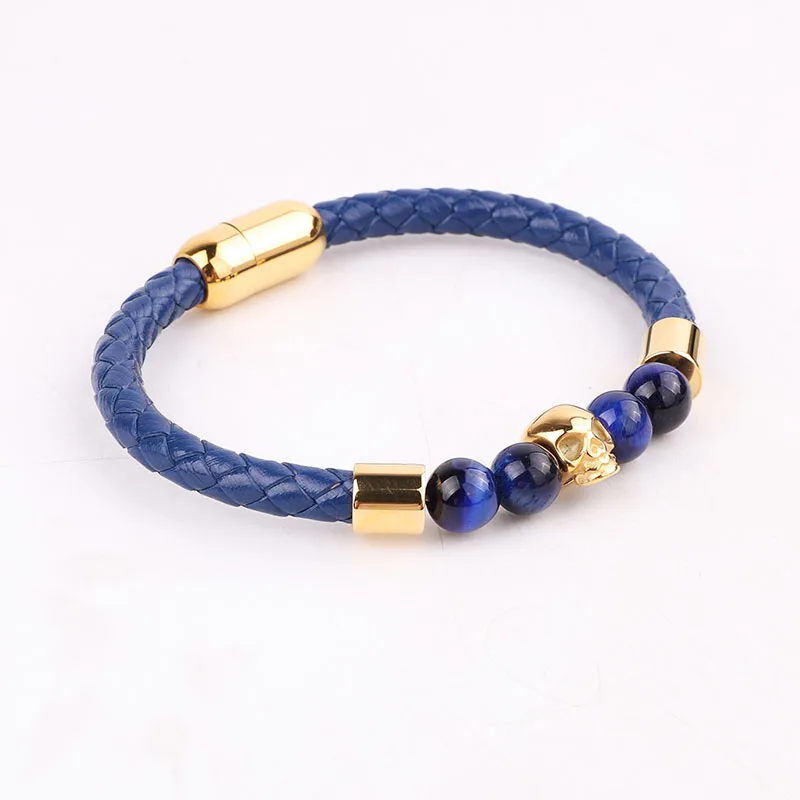 High Quality Men Bracelet New Design Blue Tiger Eye Natural Stone Stainless Steel Skull Charm Genuine Leather Bracelet Men - Image 3