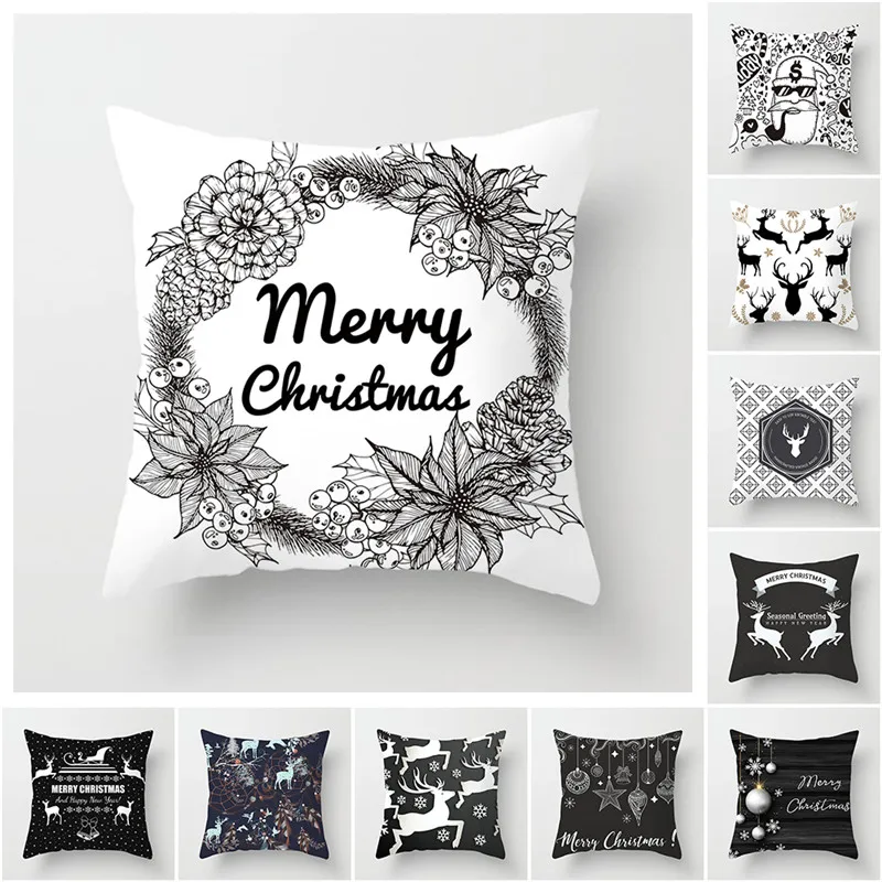 

TTLIFE Christmas Day Cushion Cover Santa Deer Tree Soft Throw Pillows Cover Home Sofa Bedroom Black Decorative Pillow Case