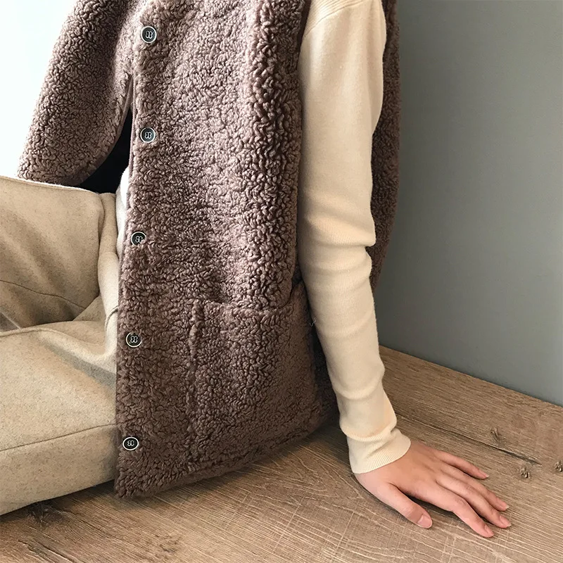 Lugentolo Women Vest Winter New Wool Sleeveless Loose Korean Plush Simple Single-breasted Pocket Solid Casual Lady Vests