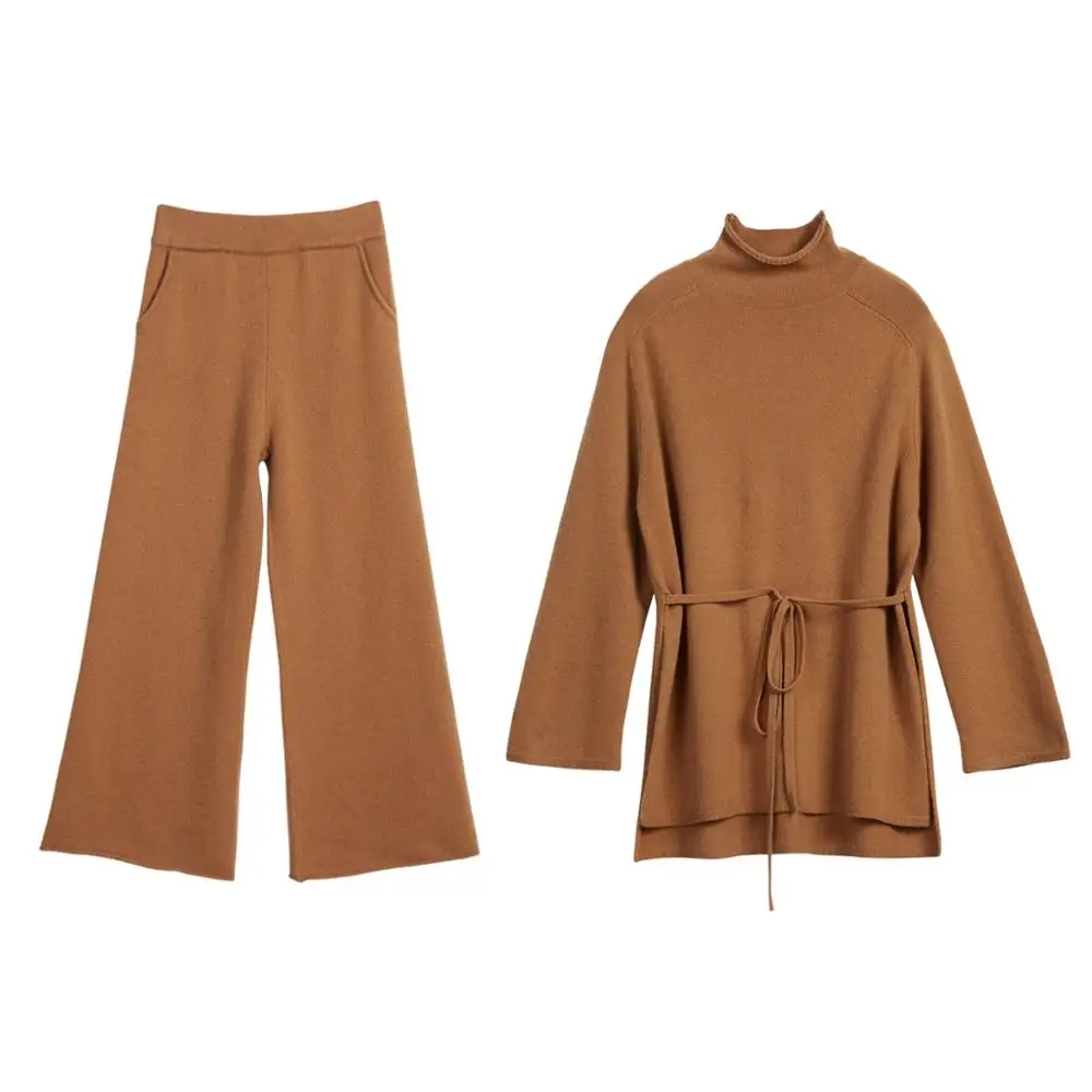 

Knit Turtleneck Long Sleeve Lace-up Tunic Jumper Sweaters Tops+Elastic High Waist Wide Leg Knitted Pants Women Autumn OL Sets