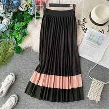 TIGENA Beautiful Patchwork Pleated Skirt Women Fashion Autumn Winter Korean High Waist Long Maxi Skirt Female Black Yellow