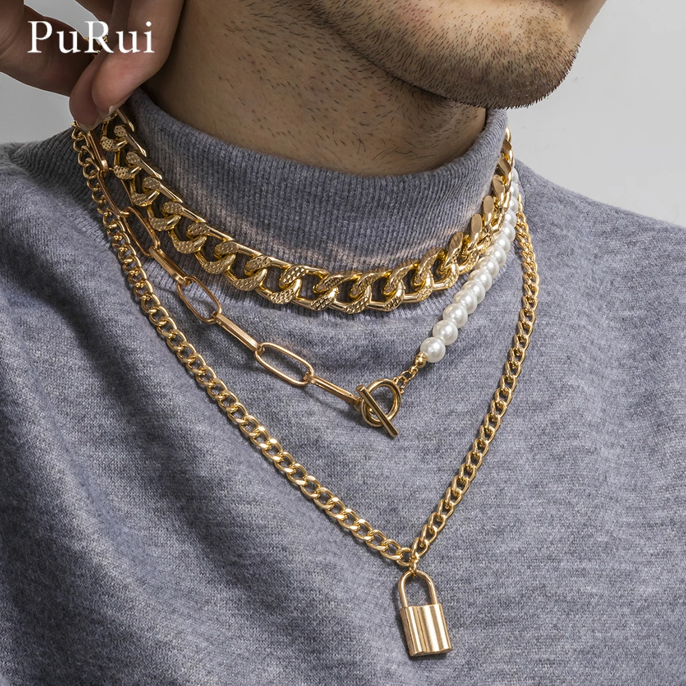 

Fashion Asymmetric Lock Necklace for Women Punk Chunky Cuban Link Chain Choker Pearl Necklace with Toggle Clasp Party Jewelry