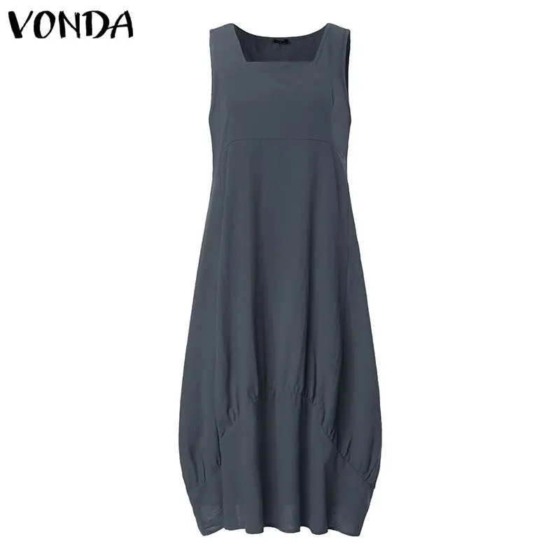 Женское платье VONDA летние сексуальные хлопковые платья без рукавов с квадратным вырезом до середины икры повседневные свободные винтажные платья размера плюс Vestidos - Цвет: Grey