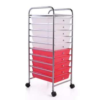 

Drawer Stand Rolling Storage Cart Mobile Organizer with/ 10 Removable PP Drawers Five Red Transparent Colors JJ0023