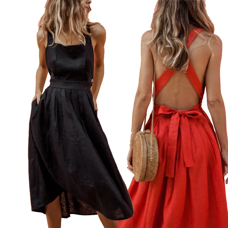 

Summer Fashion Dress Women 2020 Backless Cross Drawstring Slash-neck Strap Dress Knee-length Vintage Red White Black Sundress