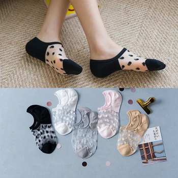 

5 Pairs Women Socks Summer New Dot Colorful No Show Socks Soft Silk Thin Transparent Ankle Socks Solid Cute Socks