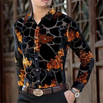 

Sexy transparent shirt men 2018 new Autumn long sleeve slim fit leopard print velvet shirt club party chemise homme