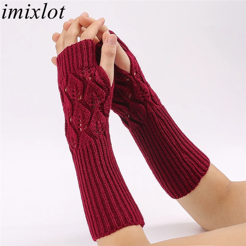 Imixlot, модные, Осенние, зимние, женские, теплые, вязаные, длинные, без пальцев, перчатки, полый лист, вязаные, удобные перчатки
