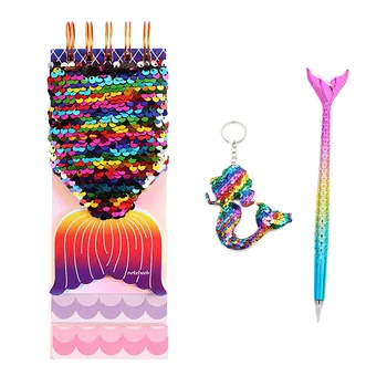 

Cute Cartoon Mermaid Book Student School Writting Notebook Girl Flip Sequins Diary Book Set With Pen Keychain Children Gifts