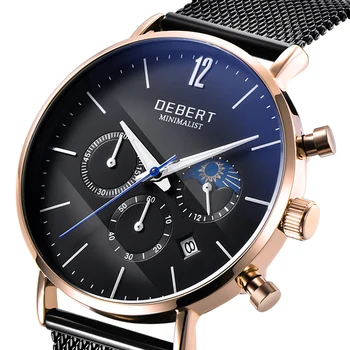 

41 mm Moon Phase Watch New DEBERT Men's Watch Fashion Automatic Quartz Watch Waterproof 316L Stainless Steel Case Leather Strap