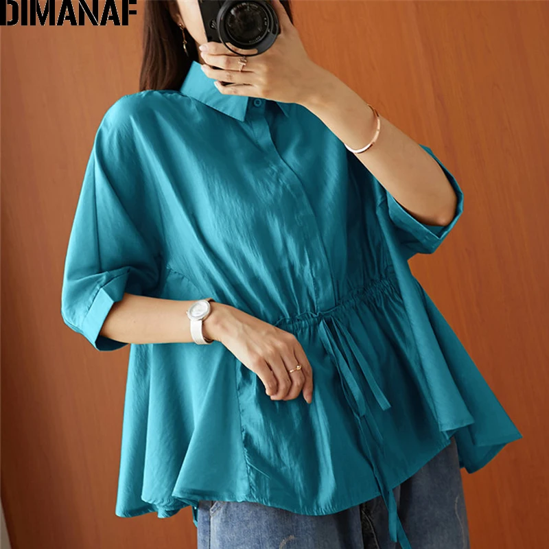

DIMANAF Summer Plus Size Women Blouse Shirts Office Lady Tops Tunic Batwing Sleeve Solid Cotton Loose Female Clothing With Belt