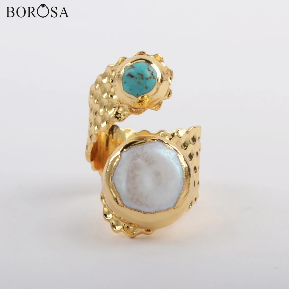 BOROSA 5 шт. Модный позолоченный натуральный белый и черный натуральный шарф с жемчугом кольцо синий Howlite& Белый жемчуг битые кольца женские ювелирные изделия G1883
