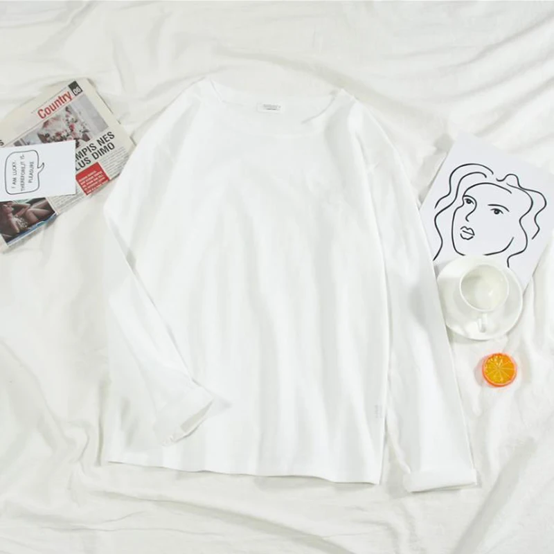Милые топы с вышивкой из мультфильма, Женская свободная футболка с длинным рукавом, Осенние однотонные свободные футболки Harajuku, Женский o-образный вырез, Однотонная футболка - Цвет: White