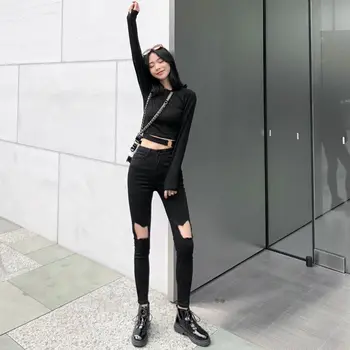 

Autumn Stretch Women Trousers High Waist Cool Skinny Hole Jeans Denim Nine Harem Pants