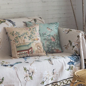 

DUNXDECO Cushion Cover Decorative Pillow Case Vintage Chinese Style Bird Flora Elegant Room Artistic Coussin Chair Cushion Cover